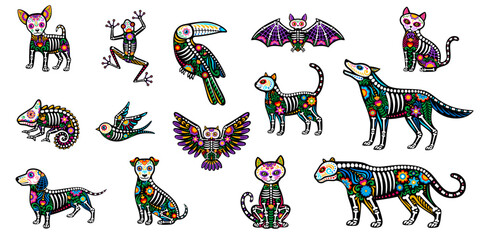 Day of the Dead Mexican animal skeleton tattoo of bones and flowers ornament, vector icons. Dia De Los Muertos Mexican holiday tattoo animals, cat and dog with wolf or bat, panther and toucan bird