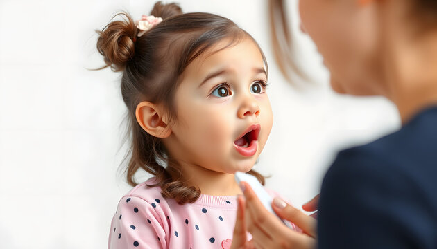 Cute stuttering child girl speaking doing exercises with speech therapist isolated with white highlights, png