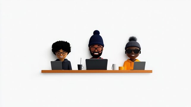 Teamwork Makes the Dream Work: Three stylish, diverse colleagues collaborate on laptops, showcasing modern workplace unity in a minimalist illustration.  