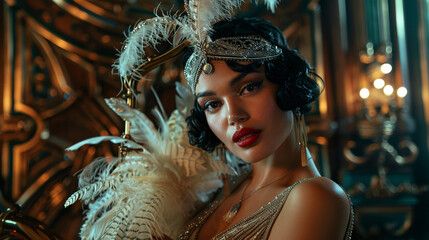 A flyer highlighting the elegance of 1920s flapper fashion, featuring beaded dresses and feathered headbands.