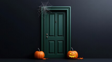 Obraz premium Spooky Season Entrance: A dark green door adorned with Halloween pumpkins and a spiderweb, setting a mysterious and eerie scene perfect for autumnal and spooky themed projects.
