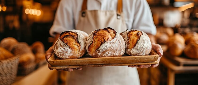 Close up of baker's hands holding wooden board with three rustic sourdough bread loaves, showcasing craftsmanship in a warm bakery setting