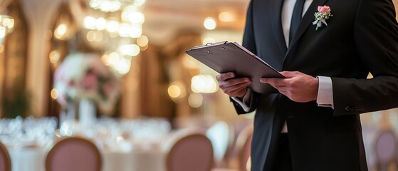 Professional wedding planner in formal attire reviews details on clipboard in an elegant reception hall with bokeh lights, ensuring perfect event coordination