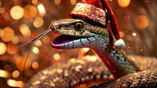 A snake wearing a Santa hat