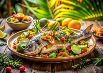 Exquisite Seafood Dish: Dorado Fish and Shrimps in a Tropical Restaurant Setting