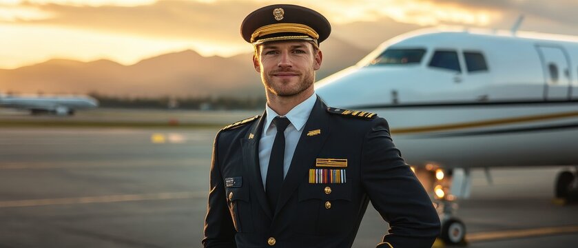 Confident airline pilot in uniform standing on airport tarmac with private jet in background at sunset, embodying aviation professionalism and leadership