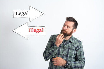 Legal vs illegal concept  follow the rules and laws  business man looking at two direction arrows