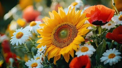 Obraz premium A close-up of vibrant orange and white flowers in the foreground, surrounded by lush red and white blooms in the background