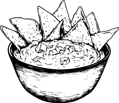 recommend clip art: Line art vector illustration of a bowl of creamy dip with tortilla chips, perfect for culinary designs and food menus.