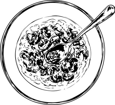 black and white mushroom soup with spoon clip art preview