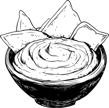 Hand-drawn vector illustration of creamy dip with crispy chips, perfect for culinary themes and food presentations.