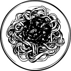 Vector illustration of a black and white plate of spaghetti, ideal for culinary designs and food-related graphics.