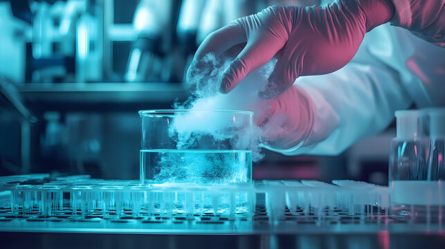 Close-up hand working with liquid nitrogen from cryogenic tank at sciences laboratory. High tech med