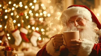 Santa Enjoys Hot Chocolate in Cozy Holiday Setting