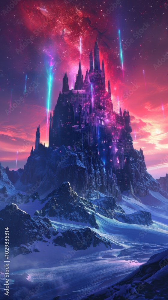 Poster Sorcerer's citadel veiled in shimmering auroras, 4K hyperrealistic photo