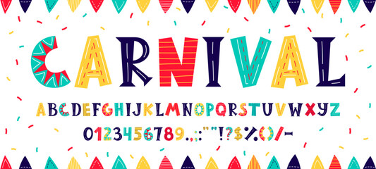 Circus font, carnival typeface, kids funny english alphabet, doodle cute type with color paper confetti vector background. Funny circus letters and numbers font with vintage carnival flags pattern © Buch&Bee