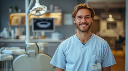 Young male dental professional in scrubs smiling cheerfully in a modern dental clinic during the day