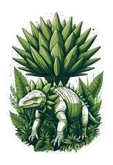 Obraz premium Futuristic Robotic Stegosaurus with Giant Leaf in Eco-Tech Green Illustration
