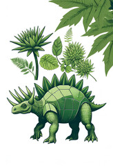Obraz premium Cute Stegosaurus Surrounded by Vibrant Green Flora in Whimsical Illustration