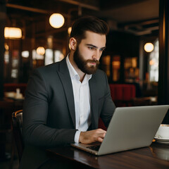 A focused man in a suit working on his laptop at a café.