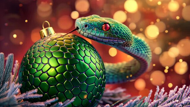 A green snake is standing next to a green Christmas ornament