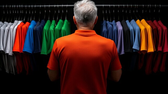 Man Choosing the Perfect Polo Shirt: A mature man stands before a vibrant wall of polo shirts, carefully choosing his next purchase. His back turned, he contemplates the array of colors, sizes.