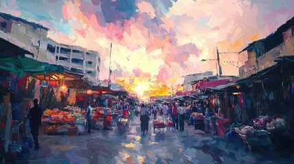   A bustling city street painting featuring numerous individuals strolling and a plethora of skyscrapers in the backdrop