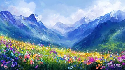   Painting of majestic mountains dotted with vibrant wildflowers against a serene blue sky backdrop