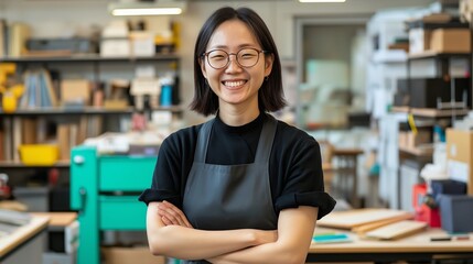 Confident Asian female craftswoman in workshop setting embraces creativity with smile