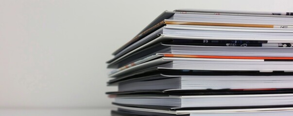 Stack of magazines on white background, 4K hyperrealistic photo