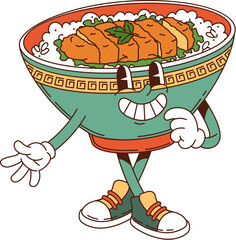 Cartoon groovy katsudon donburi character with a hippie vibe. Isolated vector fun and engaging traditional Japanese cuisine food personage. Bowl with pork cutlet and rice in a sweet and savory sauce