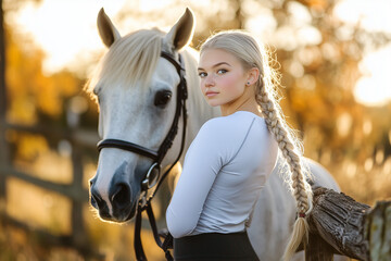 Obraz premium Blonde braided horse girl in a white sport long sleeve top and black leggings