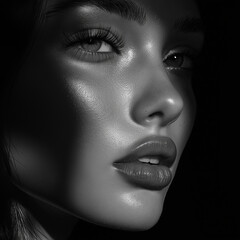 Fototapeta premium High-contrast black-and-white portrait of a woman with harsh lighting accentuating the contours of her face. Sharp shadows highlight her skin texture and strong features
