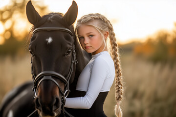 Fototapeta premium Blonde braided horse girl in a white sport long sleeve top and black leggings