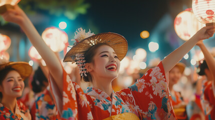 The lively Awa Odori parade, female dancers raise their hands with big smiles, they wear traditional kasa hats, Ai generated images