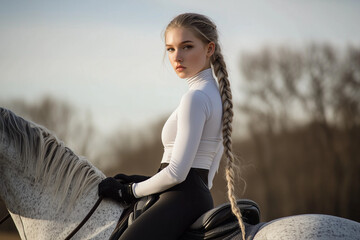 Blonde braided horse girl in a white sport long sleeve top and black leggings