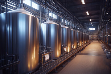 Obraz premium Industrial fermentation tanks in a modern brewery setup at dusk