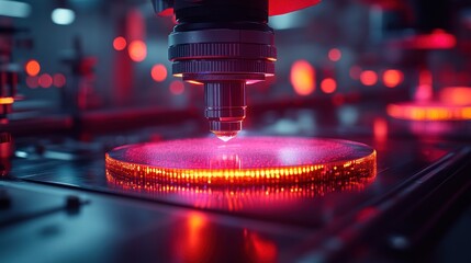 A laser system focused on a circular substrate in a high-tech manufacturing environment.