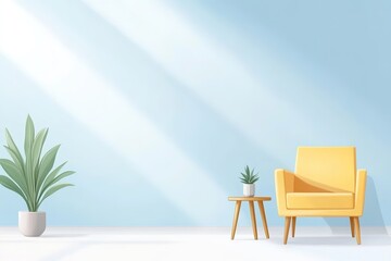 Minimalist interior with yellow armchair and plants