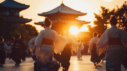Awa Odori Festival in the afternoon, male and female dancers move together in typical dance movements, traditional Japanese buildings in the background, Ai generated images