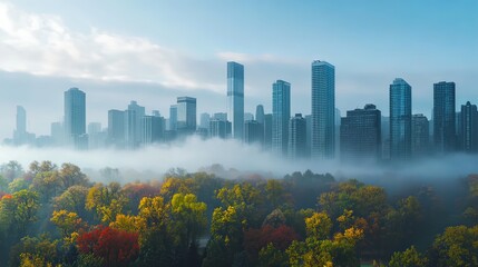 Foggy cityscape with tall skyscrapers peeking through the mist during an autumn morning.