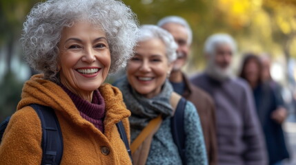 Outdoor Walking Group - A group of seniors walking in a park with smiles and good posture