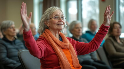 Chair Aerobics - Older adults seated and moving to music with light cardio exercises