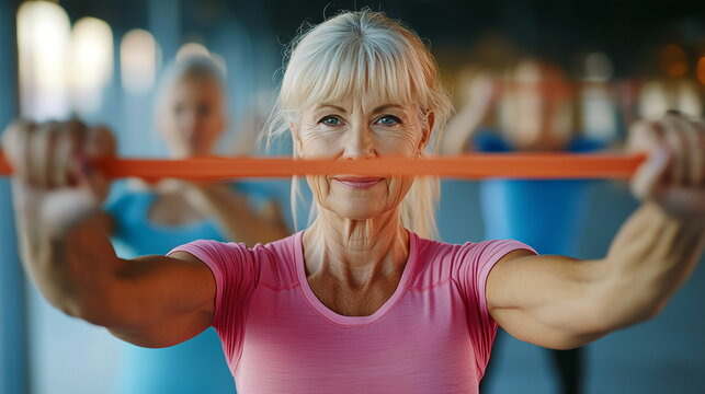 Resistance Band Training - Older adults using resistance bands for upper body strength exercises