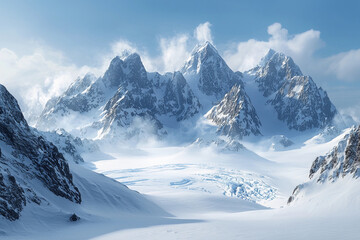 Obraz premium Snow-covered mountains under a clear sky with wispy clouds