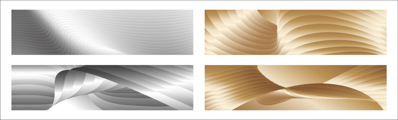 Wavy silver and gold parallel gradient lines, ribbons, silk. Set of 4 backgrounds. Black and white with shades of gray or golden silk. Banner, poster. eps vector