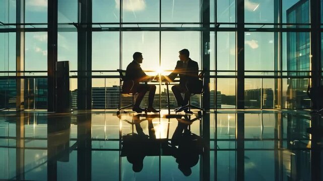 Businessman discussing in a modern glass office with a stunning city view in the background