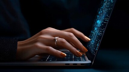 Night Coder: Close-up of hands typing on laptop with glowing digital code on screen 