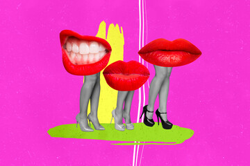 Composite trend artwork collage of carefree party rest occasion summer team friends three bodyless woman huge lips stand legs high heels
