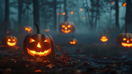 Glowing jack o' lanterns on ground, dark forest night, foggy atmosphere, Halloween photorealistic.